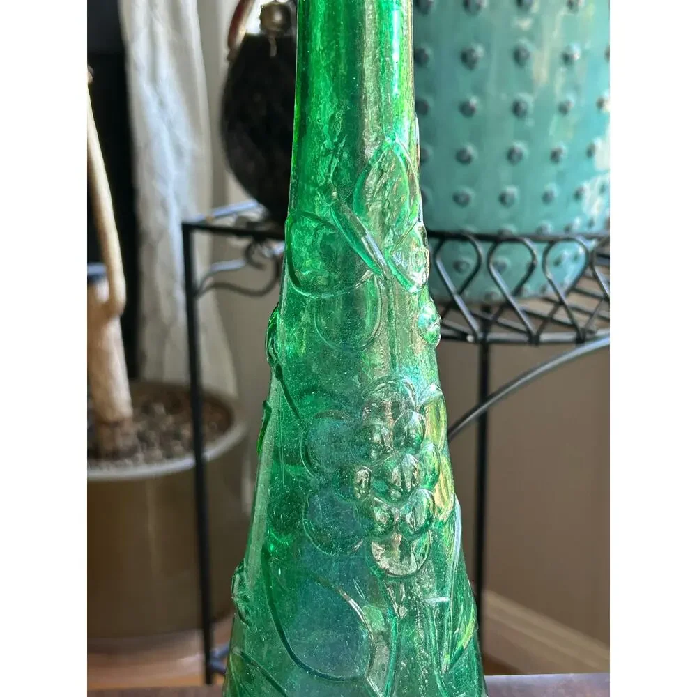 Vintage 60's/70's MCM Green Italian Empoli Bottle Decantet Butterfly And Flowers